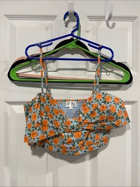 Floral Twist Ruffle Crop Top - Light Blue with Orange Flowers